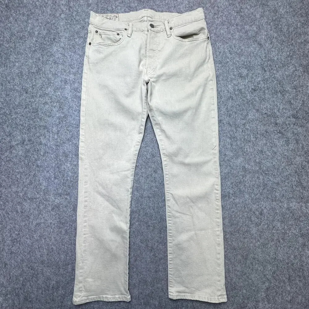 Polo Ralph Lauren Varick Slim Straight Jeans Mens 33x30 Beige Button Fly Denim